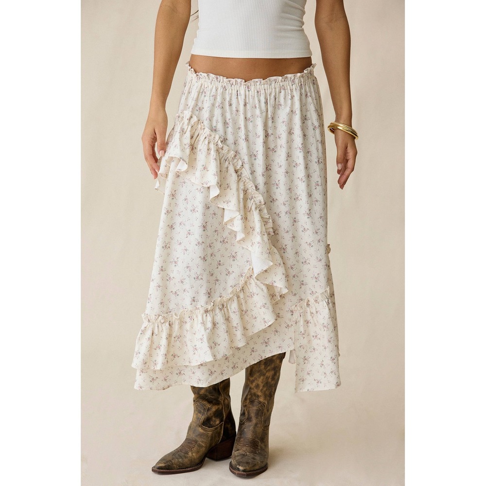 Daisy Street Darling Ditsy Floral Midi Skirt Ruffle Asymmetrical Cotton Medium